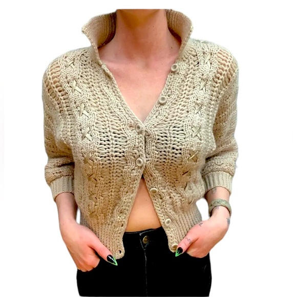 Lee Herwau Sweaters - VTG 60s Lee Herwau M Latte Wool Blend Ribbon Details Button Up Cardigan Sweater